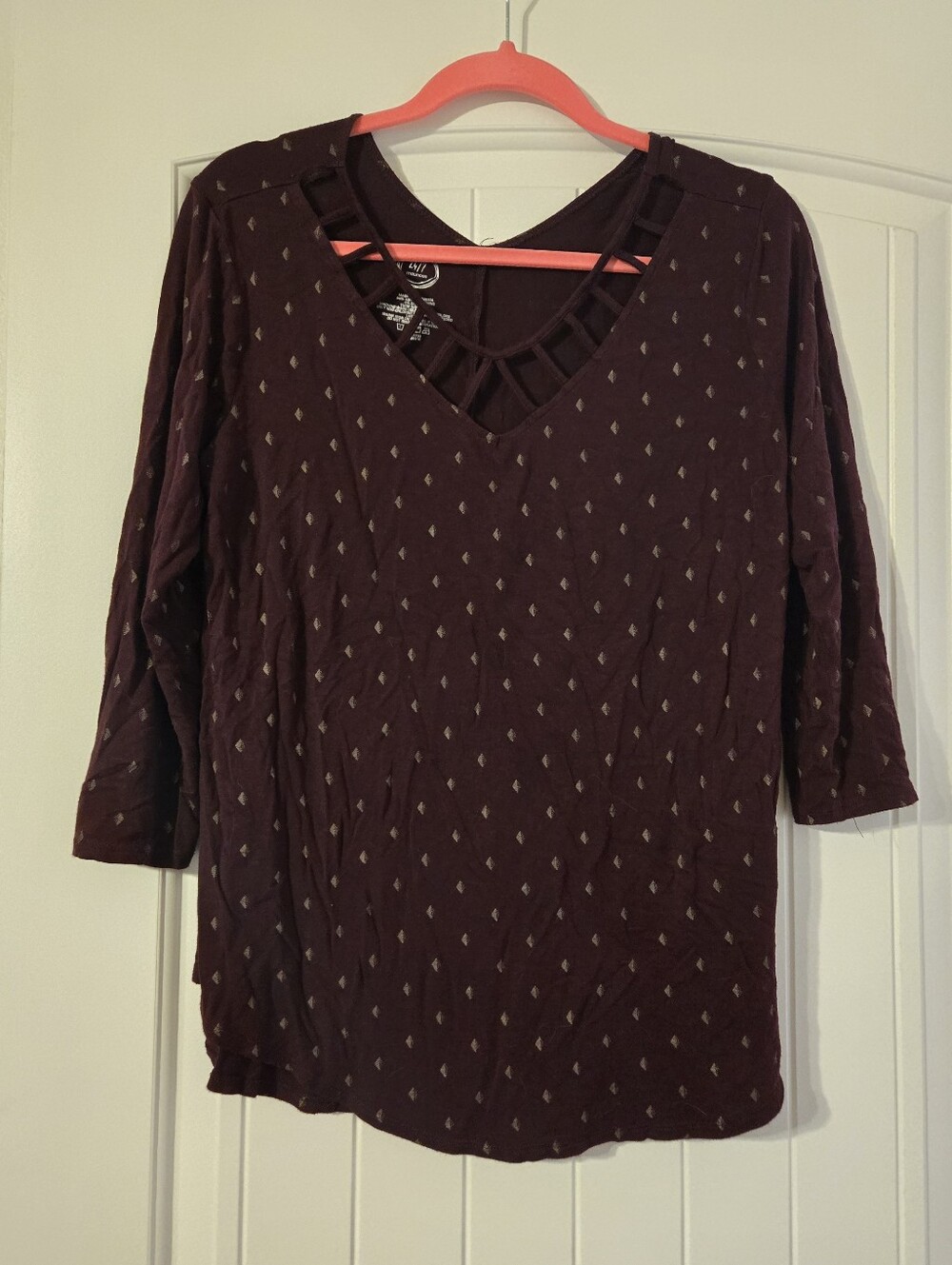 Maurices Burgundy V-Neck Lattice Detail Long Sleeve Top